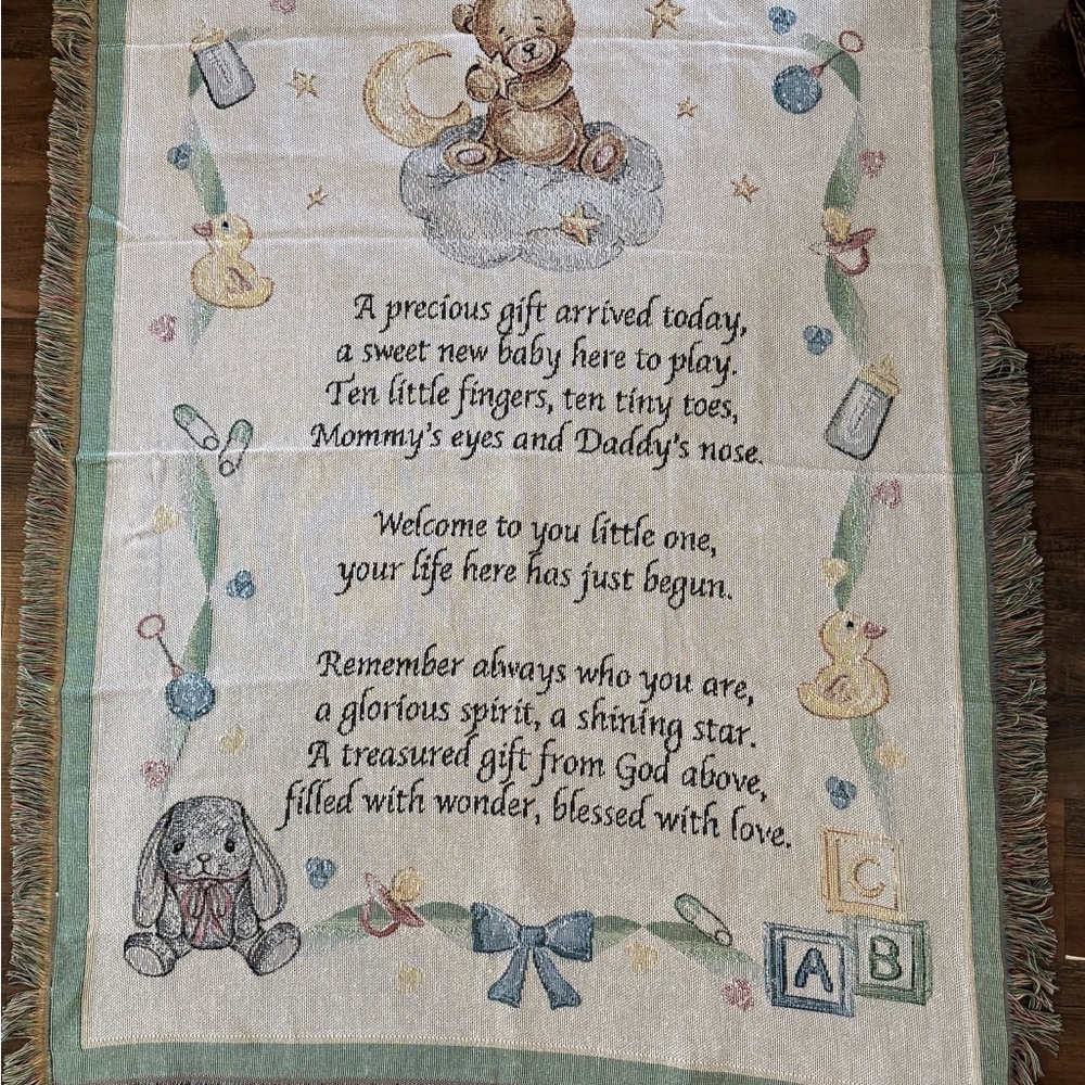 Collections Etc Baby Blessing Woven Tapestry Blanket Teddy Bear Nursery 54”x41”